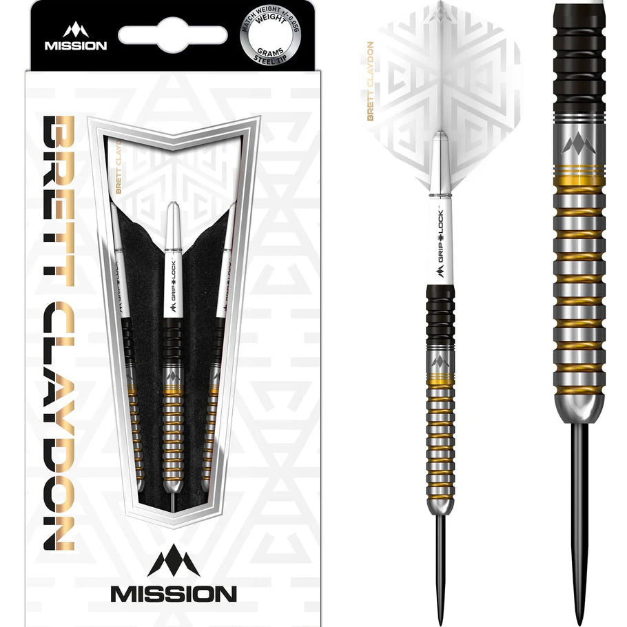 MISSION - BRETT CLAYDON - BLACK & GOLD - STEEL TIP DARTS - 90% - 22g/24g