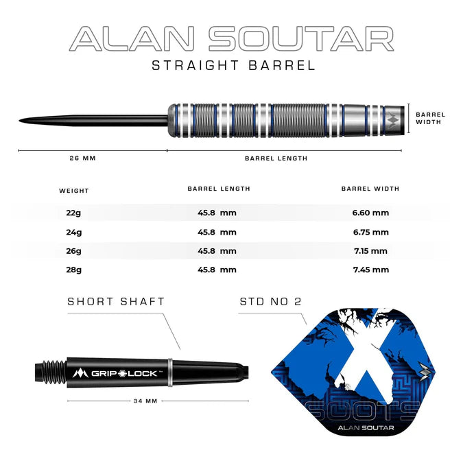 MISSION - ALAN SOUTER - BLUE & WHITE - STEEL TIP DARTS - 90% - 22g/24g/26g/28g