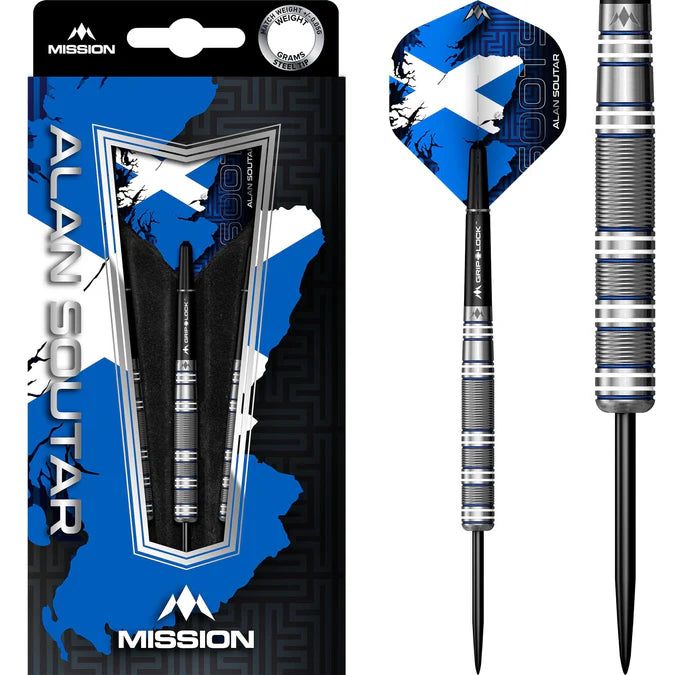 MISSION - ALAN SOUTER - BLUE & WHITE - STEEL TIP DARTS - 90% - 22g/24g/26g/28g