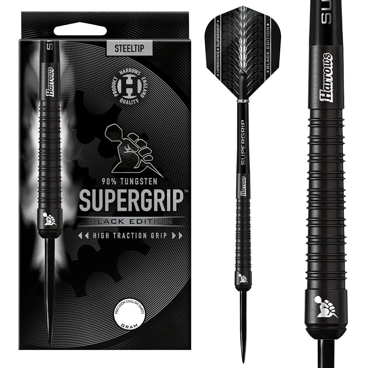 HARROWS - SUPERGRIP - BLACK - STEEL TIP DARTS - 90% - 21g/22g/23g/24g/25g/26g/28g/30g