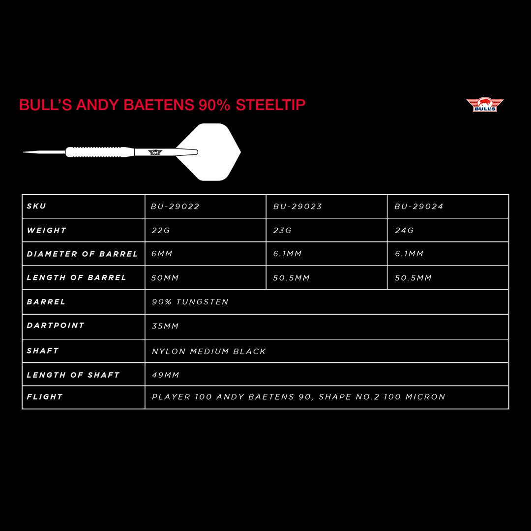 BULL'S (Bulls NL) - ANDY BAETENS - STEEL TIP DARTS - 90% - 22g/23g/24g