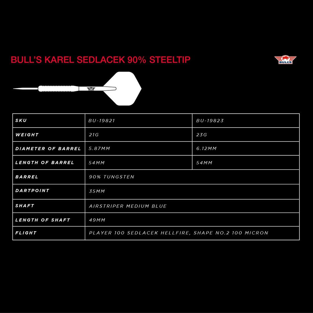 BULL'S (Bulls NL) - KAREL SEDLACEK - 'EVIL CHARLIE' - STEEL TIP DARTS - 90% - 21g/23g