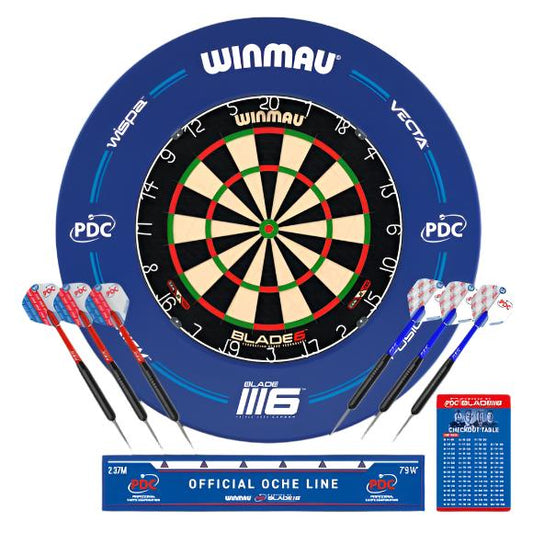 WINMAU - BLADE 6 + BLUE PDC SURROUND SET - INC. 2 x DARTS & TOE LINE