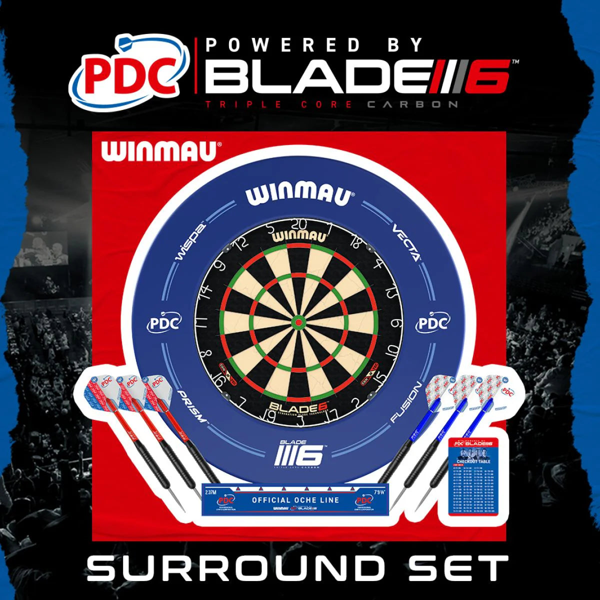 WINMAU - BLADE 6 + BLUE PDC SURROUND SET - INC. 2 x DARTS & TOE LINE