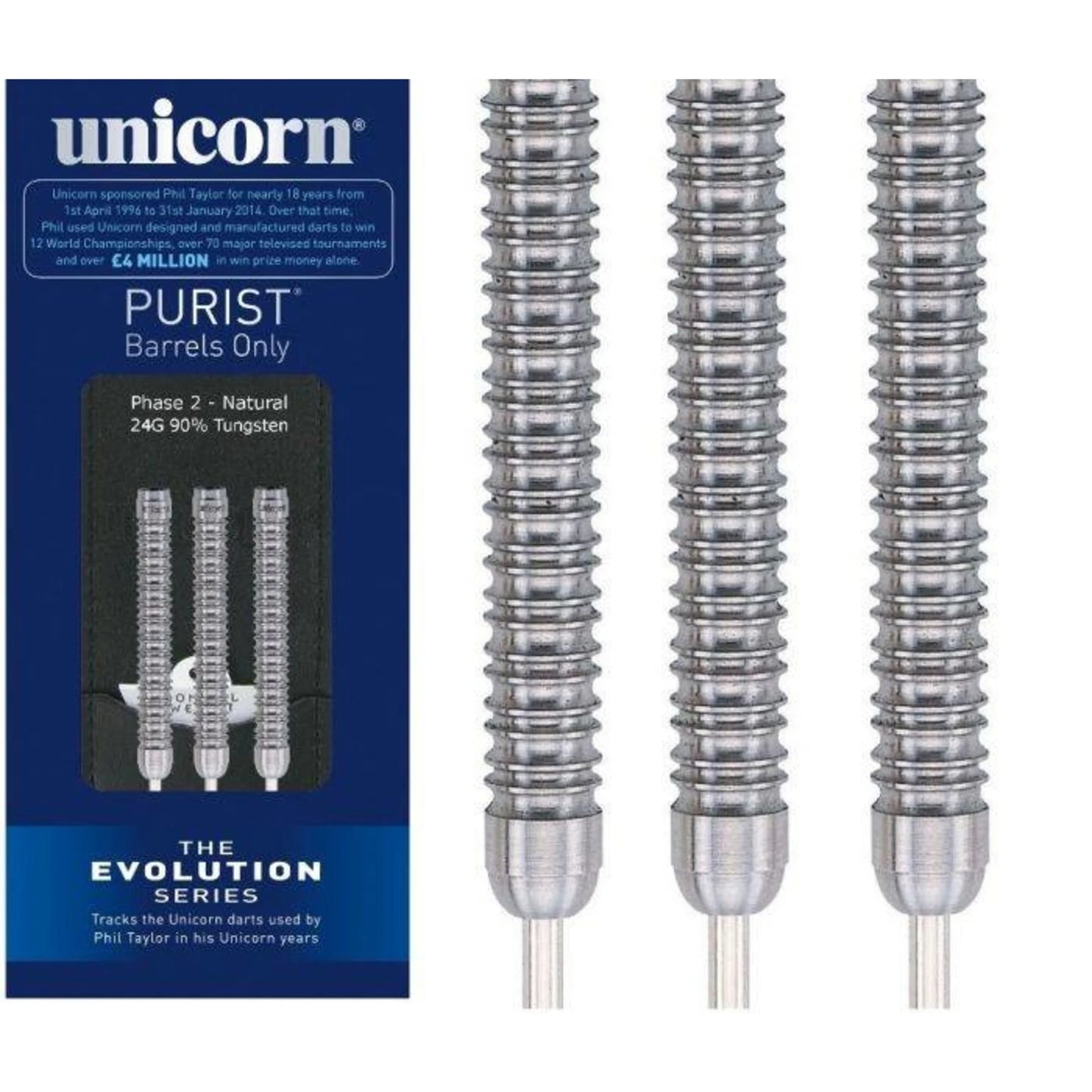 UNICORN - PURIST EVOLUTION - PHIL TAYLOR - PHASE 2 NATURAL - STEEL TIP DARTS - 90% - 24g